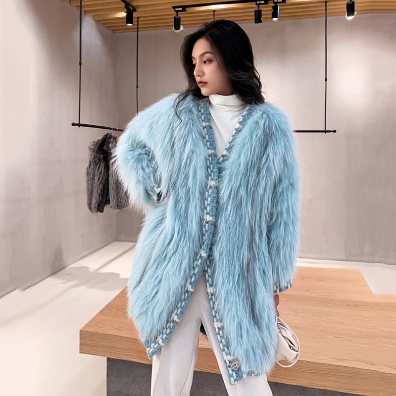 Женское меховое пальто Ftangaiur импортное из лисьего меха контрастных цветов с