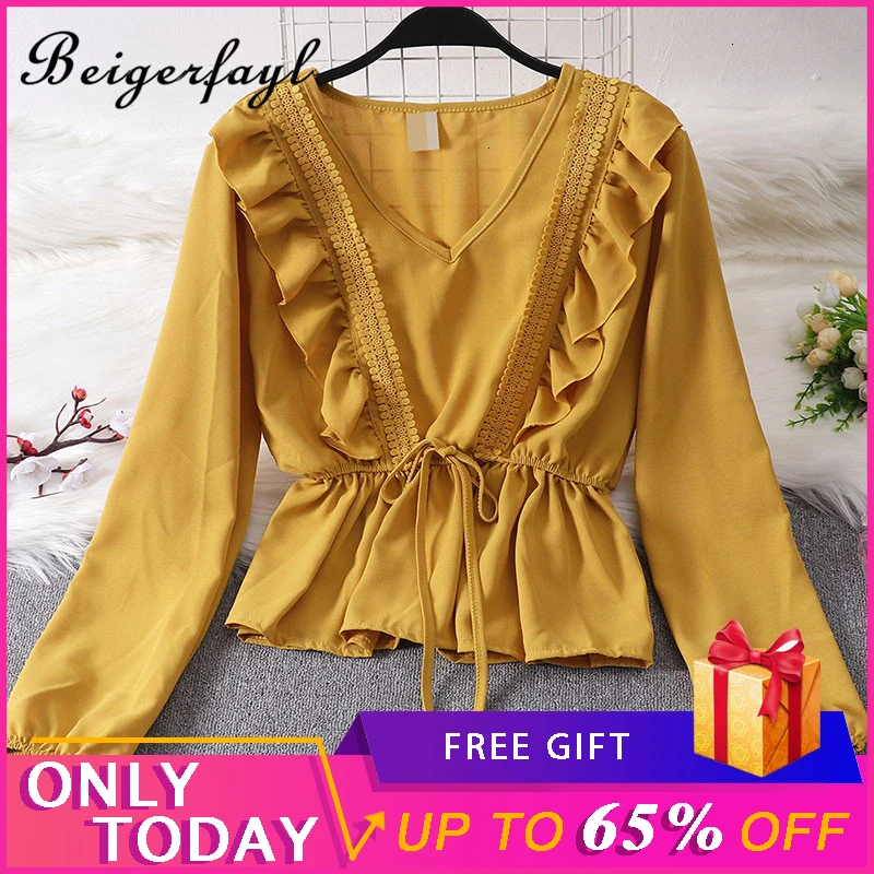Beigerfayl 2019 новые женские блузки Mujer De Moda осень плотный шифон цвет Lotus вставки