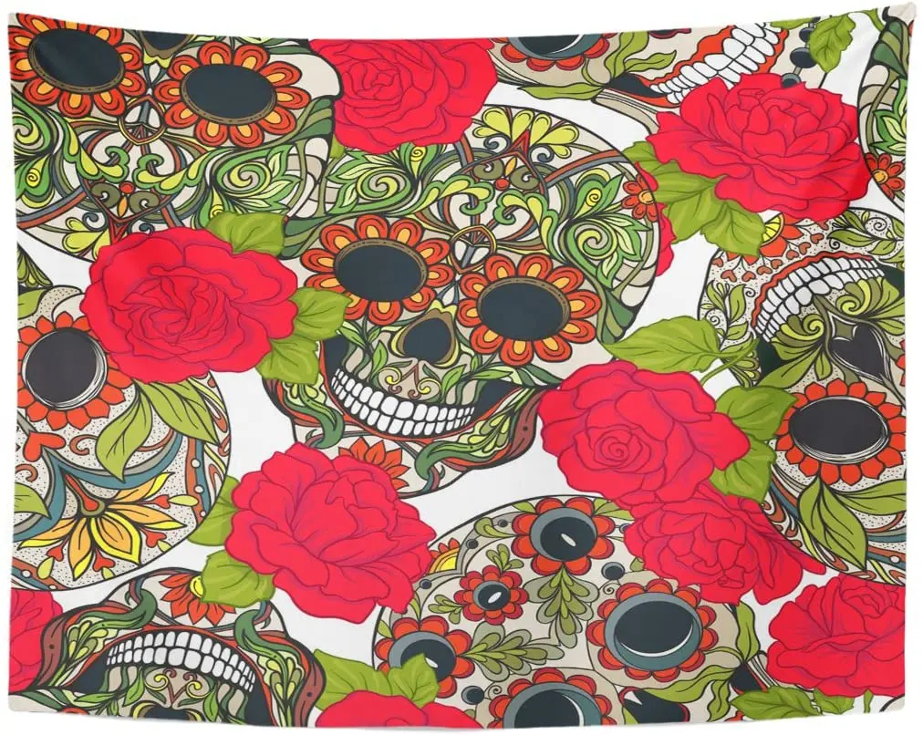Гобеленовая кость с сахарным черепом и красными розами Calaca Calavera гобелены для