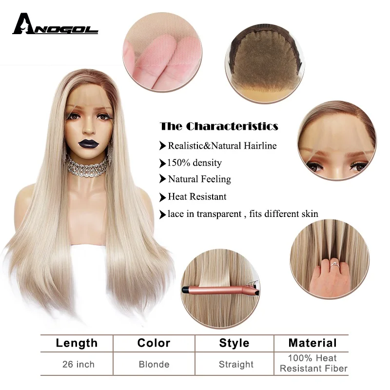 Парик ANOGOL из термостойкого волокна с большими кружевами длинные натуральные