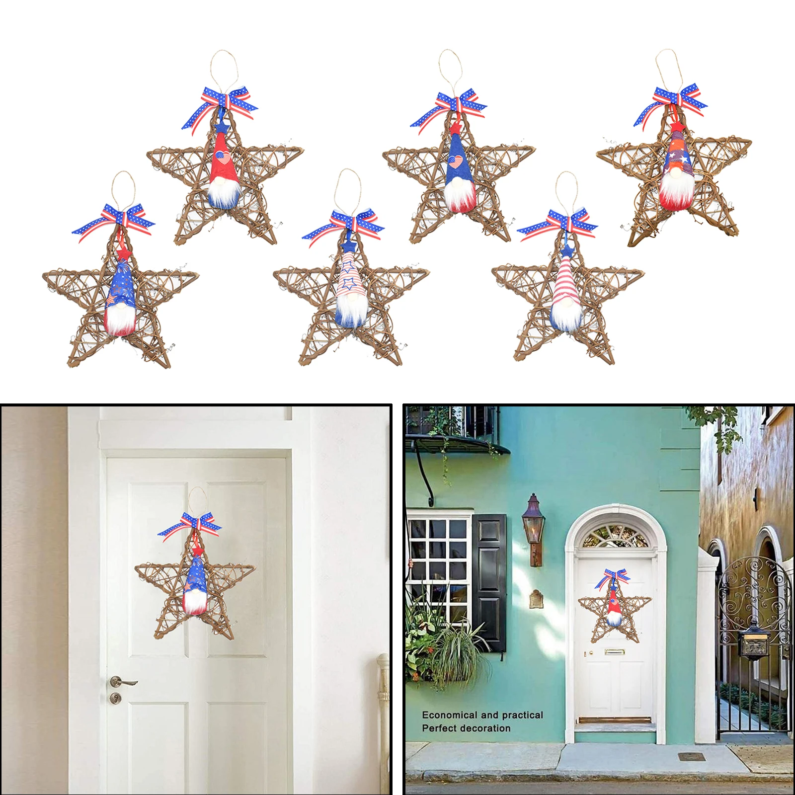 

Handwoven Rattan Star Patriotic Independence Day Vine Wreath with Gnome Doll