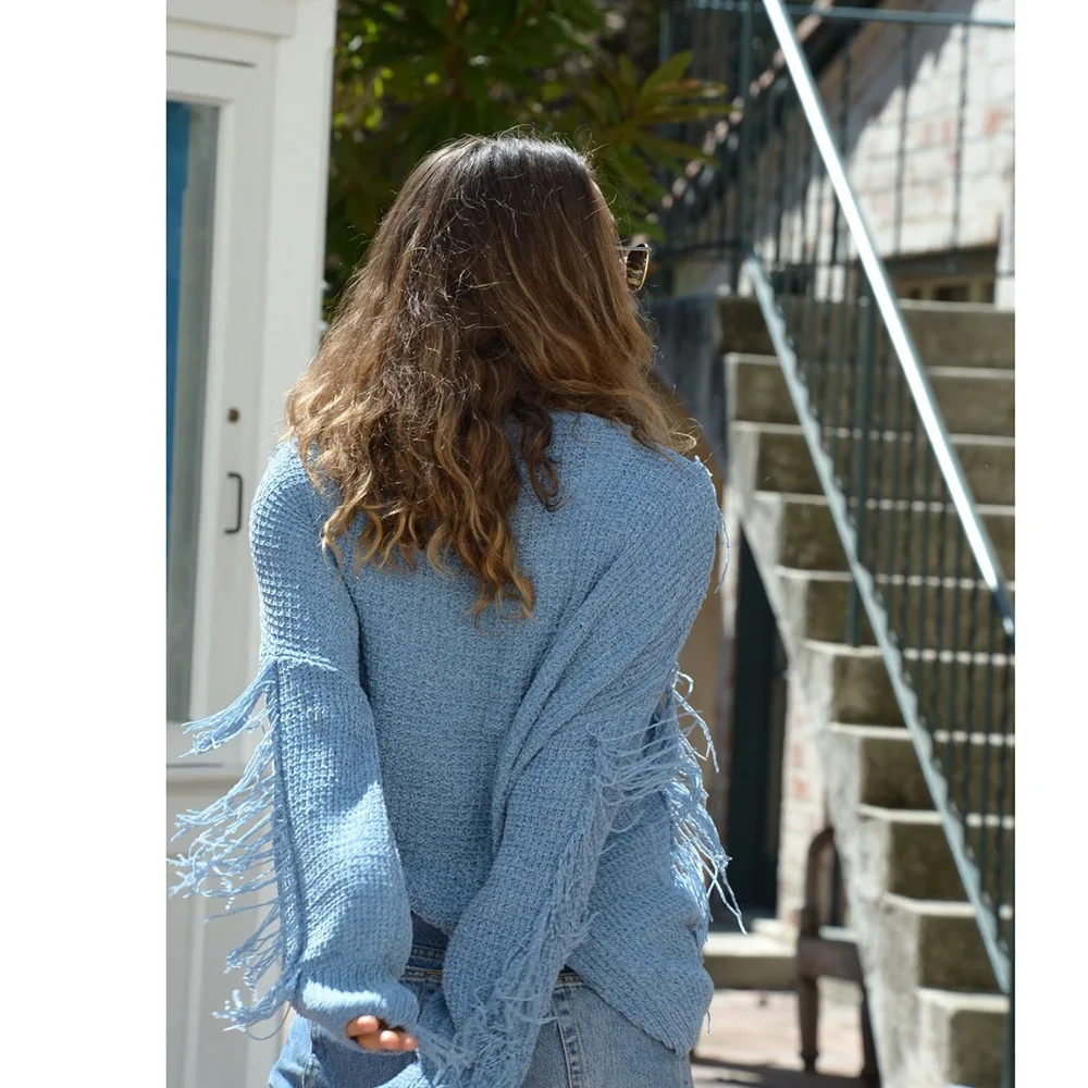 LOUIS JASON Women's Sweater Leisure Sleeve Round Collar Solid-colored Long-sleeved Tassel Knit Pullover Top Femme Jumper | Женская