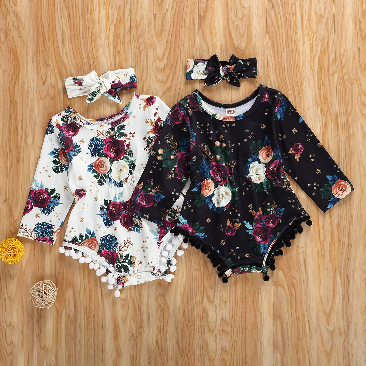 

Infant Newborn Baby Girl Boy Bodysuit Long Sleeve Jumpsuits Spring Autumn Tassel Balls Floral Playsuit Headband Outfit Clothes