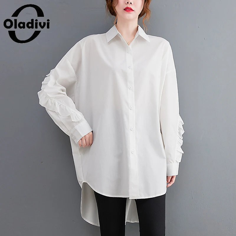 

Oladivi женская одежда большого размера 2021 осенние новые блузки с длинным рукавом модные женские повседневные свободные рубашки Асимметричны...