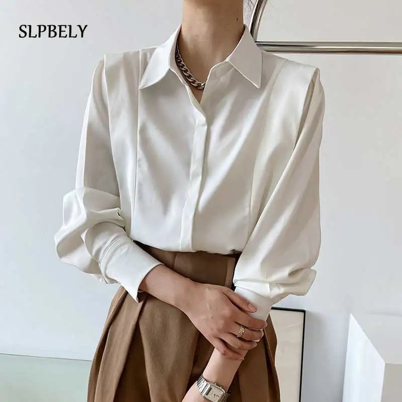 

Женские шифоновые блузки SLPBELY, осенняя рубашка с отложным воротником и длинным рукавом, элегантные белые и черные топы, офисные женские рубашки на пуговицах, женская одежда