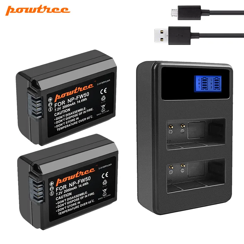 Аккумулятор Powtree 2000 мач NP FW50 AKKU + зарядное устройство с двумя USB-портами для Sony NP-FW50