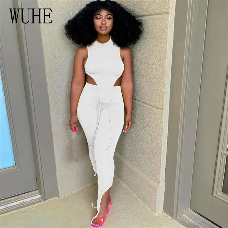 

WUHE Streetwear Casual Outfits Off Shoulder O Neck Sleeveless Irregular Top and Tight Long Pants Sports Fitness 2 Piece Suits