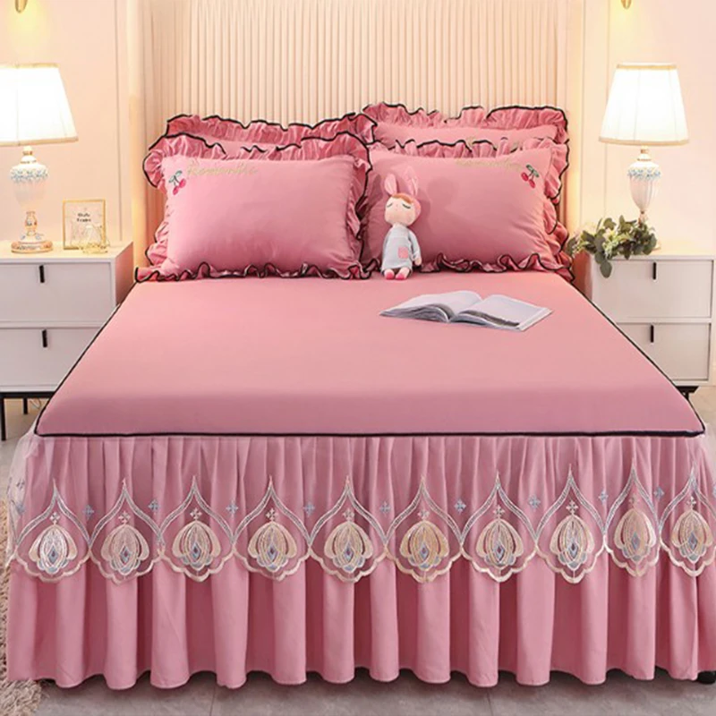 

3pcs solid color embroidery lace edge skirted bed cover new skin-friendly cotton bedspreads mattress dust cover bed sheet 1.8m