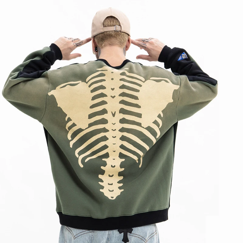 

Men Streetwear Hoodie Sweatshirts Hip Hop Harajuku Pullover Hooded Skeleton Distressed Print Hoodies Autumn Cotton Loose Unisex