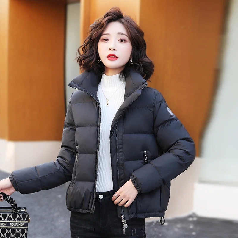

2020 Solid Womens Down Jackets Short Zipper Stand-Up Collar Long-Sleeve Wide-Waisted Fashion Korean Style Winter Clothes Women