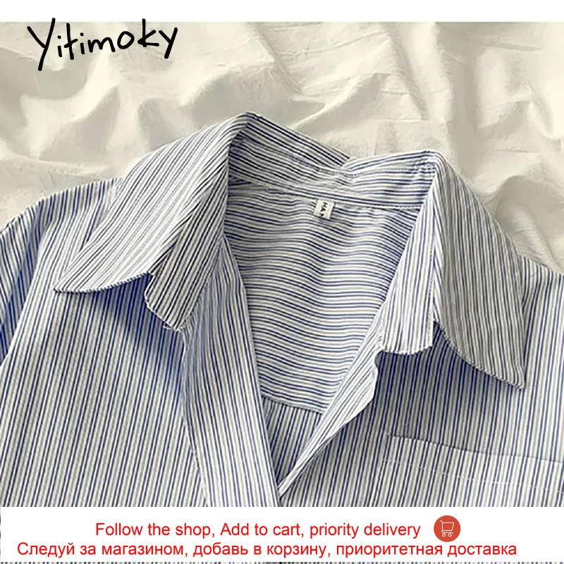

Yitimoky Shirts Women Tops Button Up Loose Korean Fashion Stripe Long Sleeve Blouse Turn-down Collar Casual Spring Summer 2021