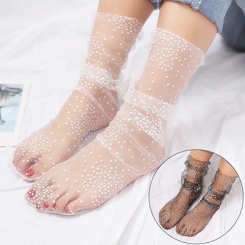 

Fashion Long Dot Tulle Socks For Women Summer Breathable Transparent Thin Female Mesh Lace Funny Socks