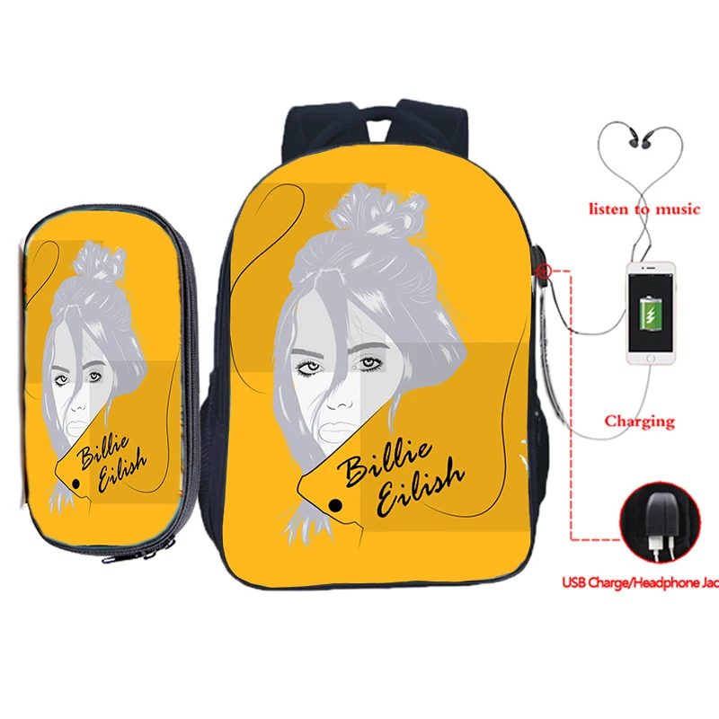 23 Billie Eilish рюкзак для зарядки через usb 2 шт./компл. школьная сумка для подростков мальчиков и девочек рюкзак для ноутбука пенал Дорожная сумка на плечо - Цвет: 23