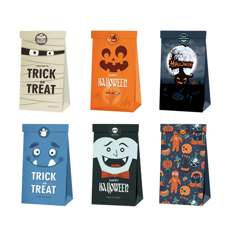 6pcs/pack Halloween Theme Gift Bag with Stickers Paper Trick or Treat Candy Bags for Sweets Biscuit Party Favors Packaging Decor