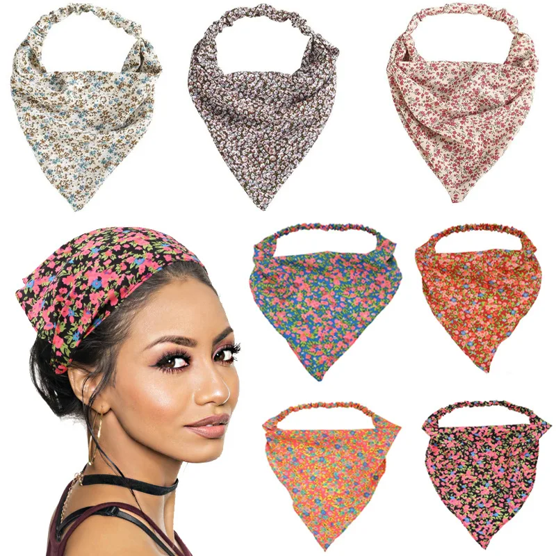 

Triangle Bandanas Hairband Pastoral Style Floral Print Scrunchie With Clip Cute Turban Headwrap Headbands Women Hair Accessories
