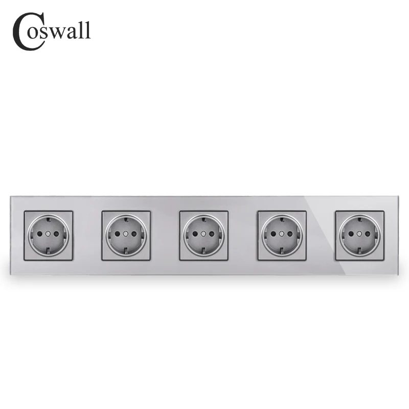 Grey COSWALL настенное Хрустальное стекло панель 5 банд розетка заземленная 16А стандарт ЕС серый выход с детская защита дверей - Тип: Grey