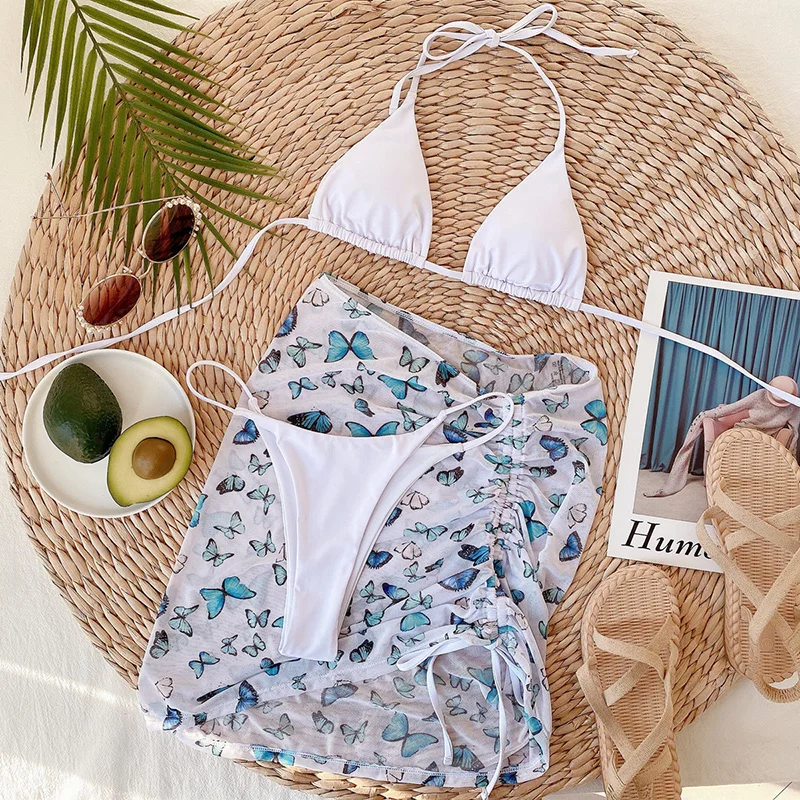 

Sexy Butterfly Print Halter Micro Bikini Women Swimwear Female Swimsuit 3 pieces Bikini set Mesh Skirt Bathing Suit Beachwear