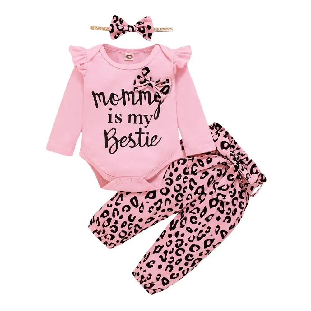 

3 Month Baby Girl Clothes 3PCS Cute Letter Print Outfits Mommy Is My Bestie Romper + Leopard Floral Pants With Headband Sets