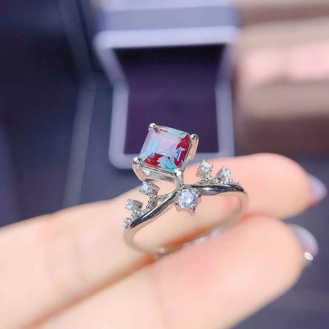 1.5CT Square Lab-Cultured Alexander Alexandrite Lady Gem Ring 925 Sterling Silver Luxury Ring Promises Rings