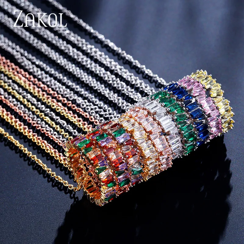 ZAKOL Многоцветный тонкий Багет Женские ожерелье ручной работы Подвеска циркония