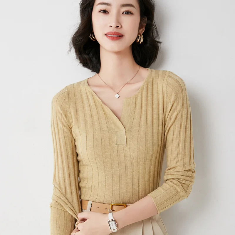 

Spring Summer Korean T Shirt Women Ribbed Cotton Female O-Neck Pulloer Slim Long Sleeve Tshirt Lady