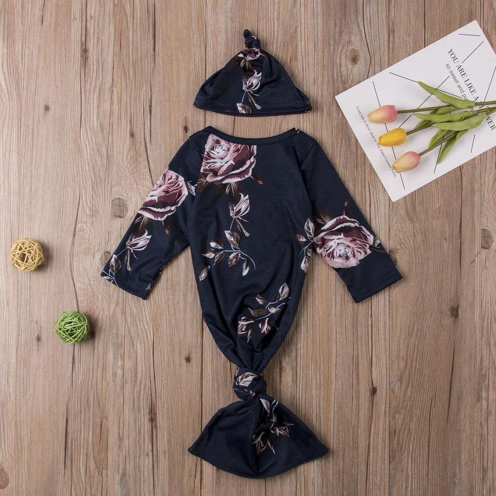 Infant Baby Girls Boys Long Sleeve Flower Gown Blanket Sleep Bag Sleepwear+Hat Sets Newborn New Floral Sleeping Clothes