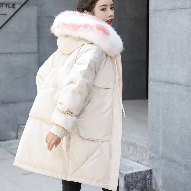 Женский пуховик с большим меховым воротником зимняя теплая длинная куртка на
