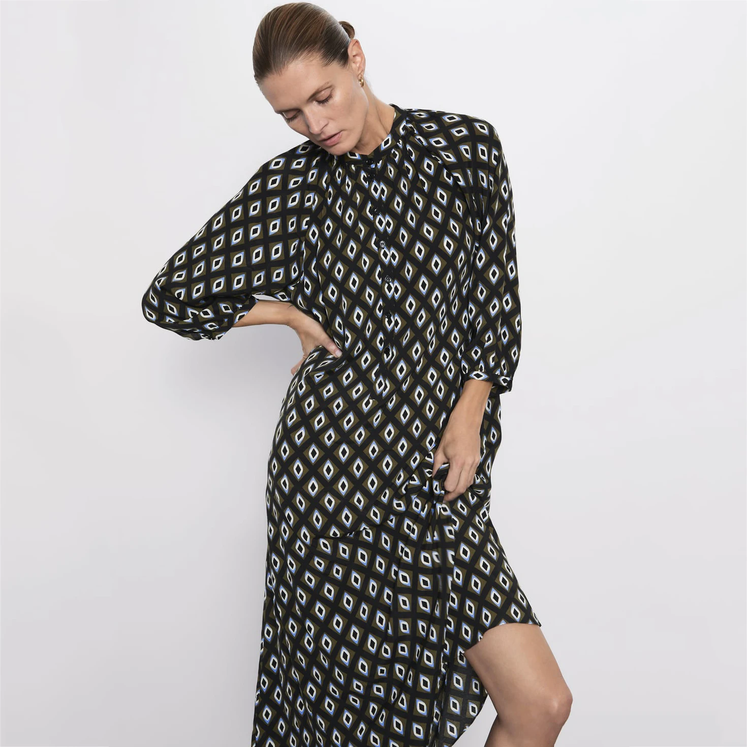 Женское длинное платье с геометрическим принтом Za свободное длинным рукавом