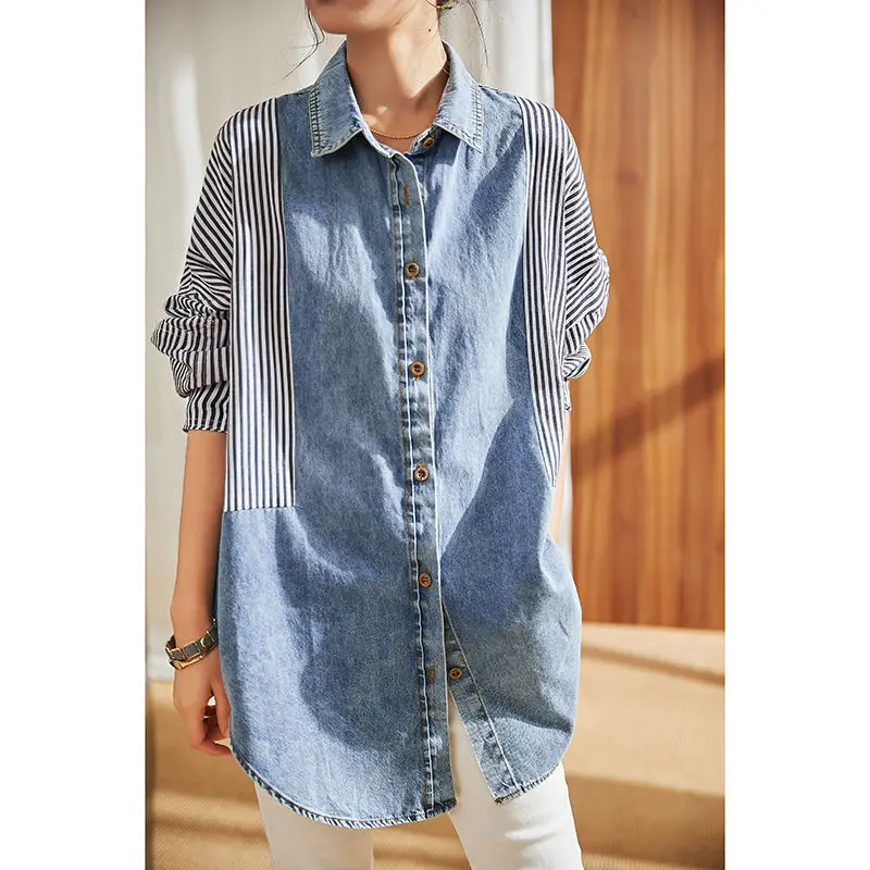 

2021 Spring Autumn New Shirts Stripe Splicing Female Long Sleeve Women's Denim Blouse Loose Korean Plus Size 4XL Blusas Y463