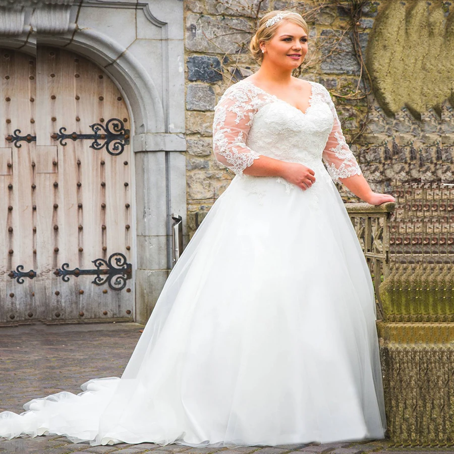 

Elegant V Neck Tulle A Line Wedding Dresses Plus Size 3/4 Sleeves Applique Backless Bridal Gown Wedding Dress Robe De Mariee