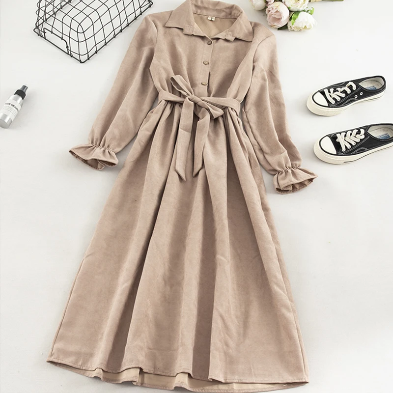 Винтажное однобортное женское платье 2019 элегантное с отворотом длинным рукавом