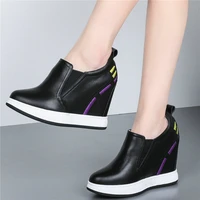 fashion sneakers women genuine leather wedges high heel pumps shoes female slip on round toe platform oxfords shoes casual shoes