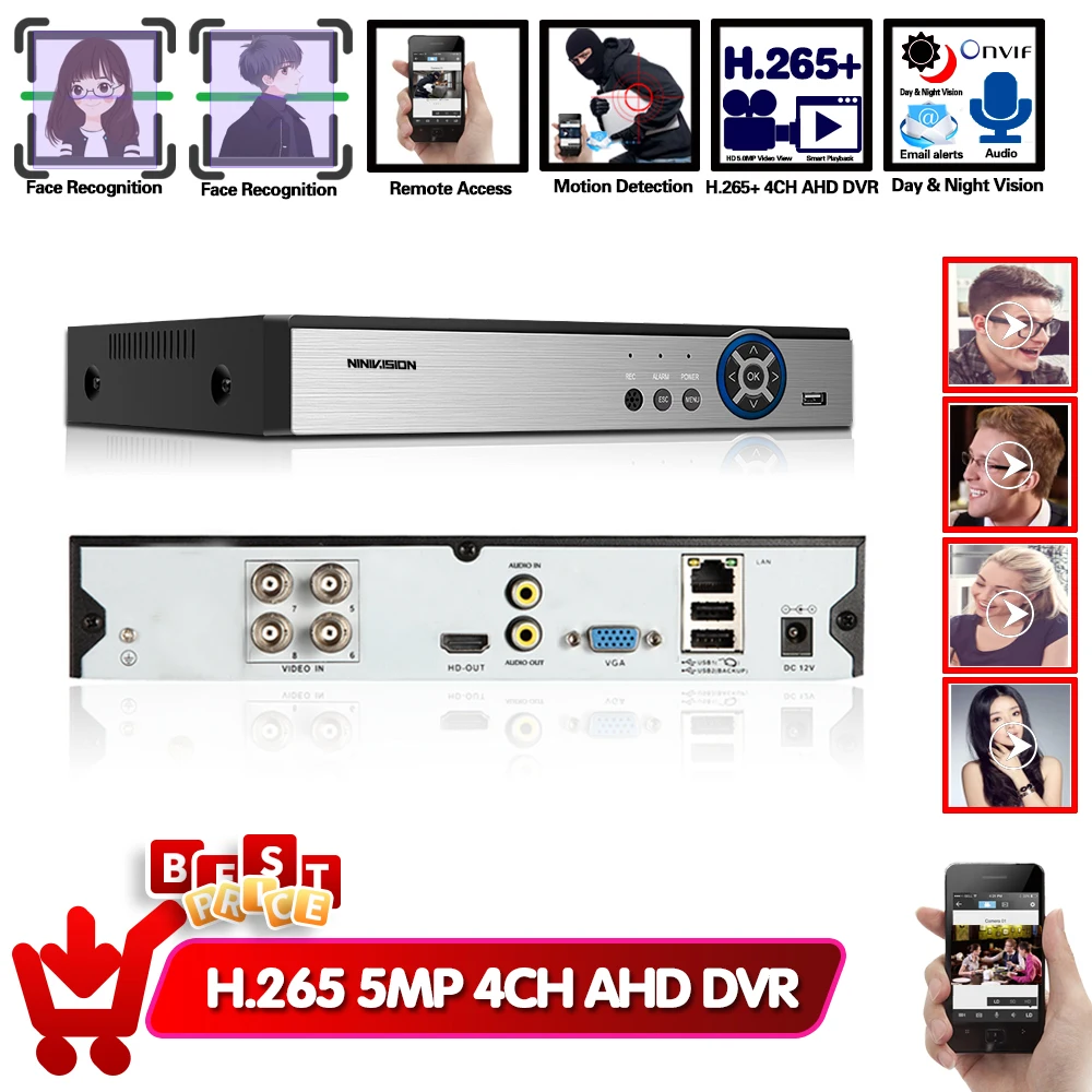 Цифровой видеорегистратор H.265 4 канальный цифровой AHD с функцией обнаружения лица