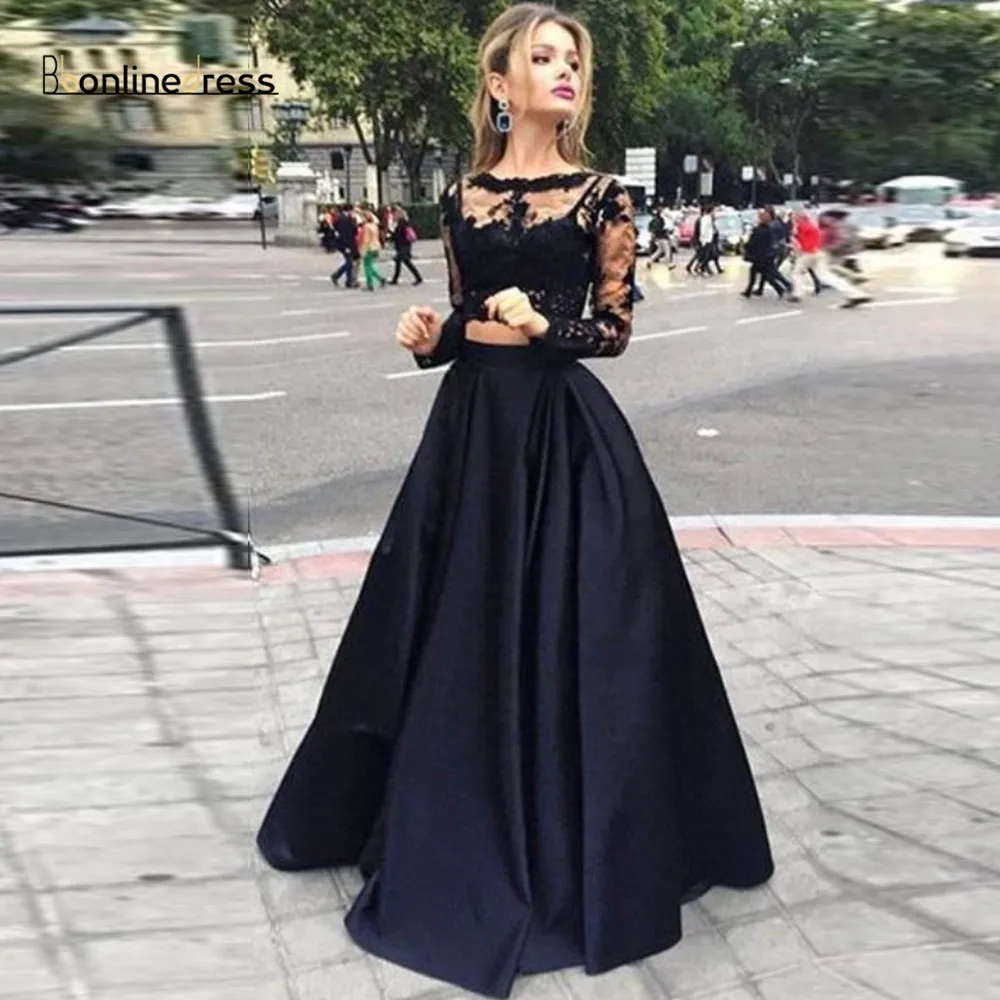 

Blakc Two Pieces Evening Dresses 2020 Jewel-Neck Long Sleeves Satin A-Line Formal Party Gowns Elegant Evening Dress vestidos