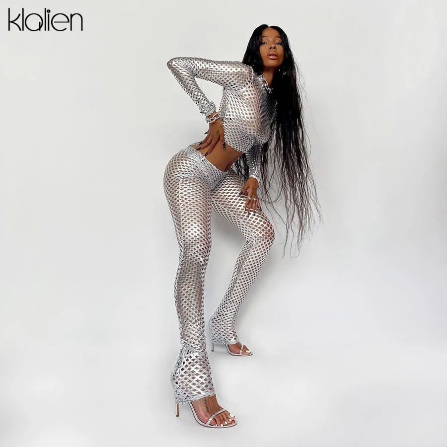 

KLALIEN Women Sexy Hollow Out Hole Streetwear Tracksuit Autumn New Simple Slim Stretch Silver Tracksuit Two Piece Set Female