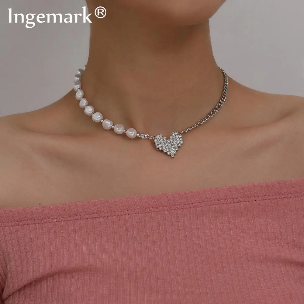 

Korean Baroque Pearl Crystal Lover Heart Pendant Choker Necklace for Women Gothic Minimalist Chain Necklace Wedding Jewelry Gift