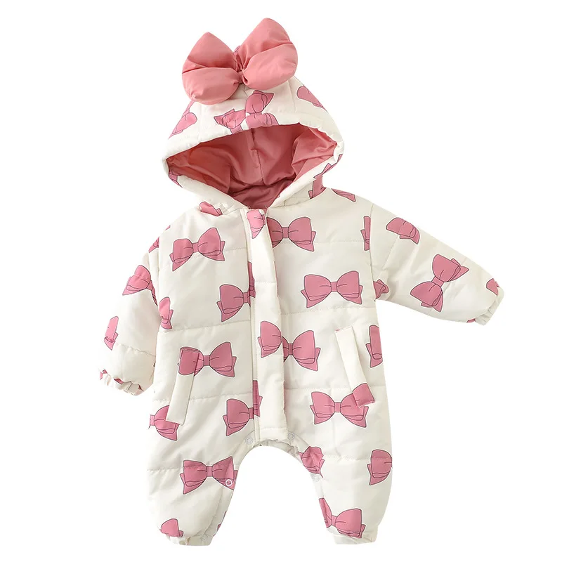 

WLG Girls Winter Clothes Baby Velvet Thick Pink Beige Bow Printed Hooded Rompers Toddler Girl Warm Cute Romper for 6-18 Months