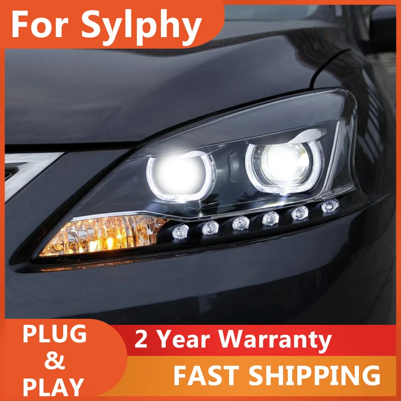 

Светодиодный ная фара для Nissan Sylphy 2012-2015, светодиодная лампа, дневные ходовые огни, биксеноновые линзы, стиль BMW, глаза ангела, автомобильные аксессуары
