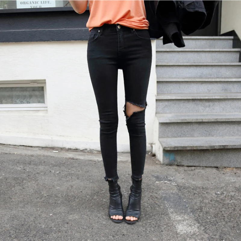 Крутые рваные Стретч дырочки джинсы Для женщин узкие с Высокая Талия джинсовые