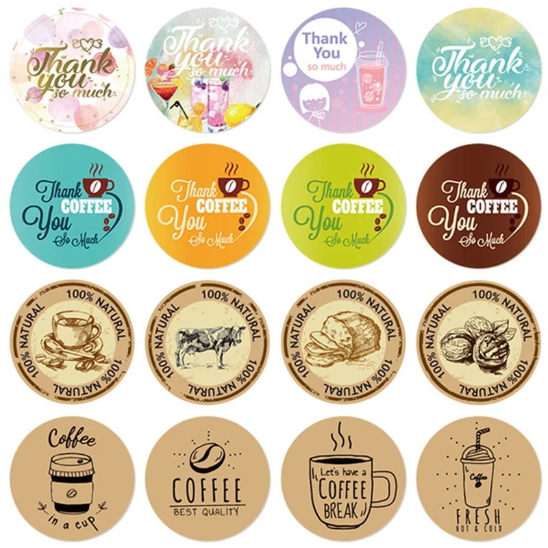 

500PCS Bakery Coffee Stickers Pizza Thank You Stickers Decor Bread Cup Cakes Circle Roll Seal Label Chrome Paper Gift Tag