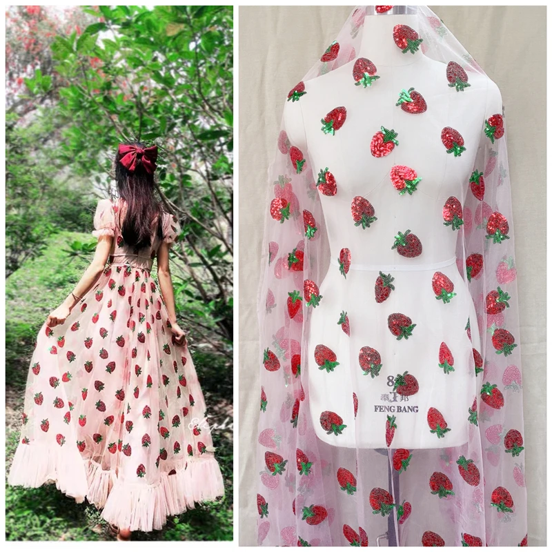 

Summer Princess Dress Popular Lace Pink Strawberry Sequined Flower Lace Fabric