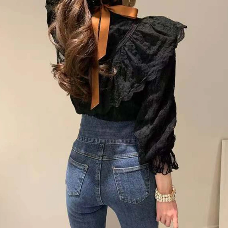 RealShe белая блузка женская с длинным рукавом и оборками сплошная шикарная