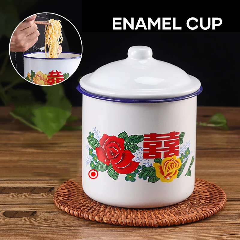

Nostalgic Chinese Enamel Cup Wedding cup with Lid Creative Instant Noodle Bowl Large Capacity Literary Tea Mug 750/1100/3000ML