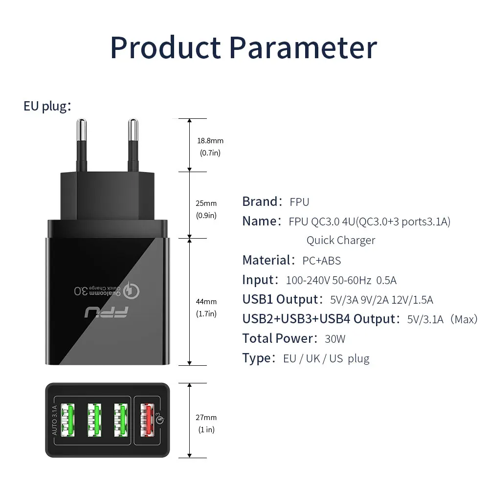 FPU Быстрая зарядка 4,0 3,0 USB зарядное устройство 48 Вт QC QC3.0 быстрое зарядное устройство настенный адаптер многопортовый портативный мобильный телефон зарядное устройство для Xiaomi