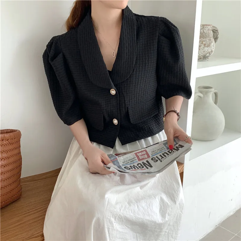 

HziriP Vintage Elegant OL Wear Short Jacket Women 2021 Summer Autumn Tops Solid Loose Puff Sleeve Single-breasted Female Coat