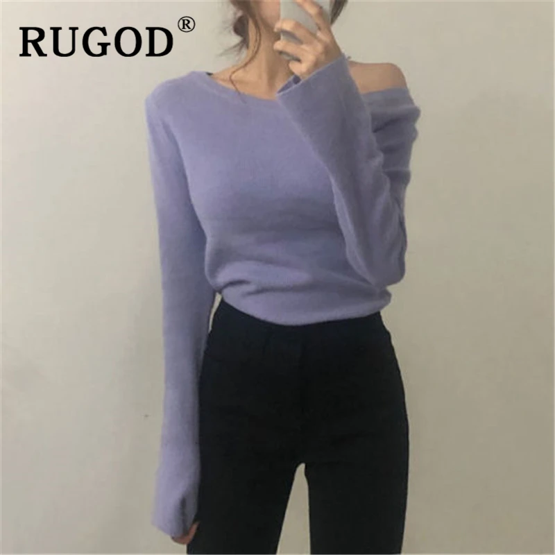 Женский вязаный свитер RUGOD однотонная винтажная туника с открытыми плечами и
