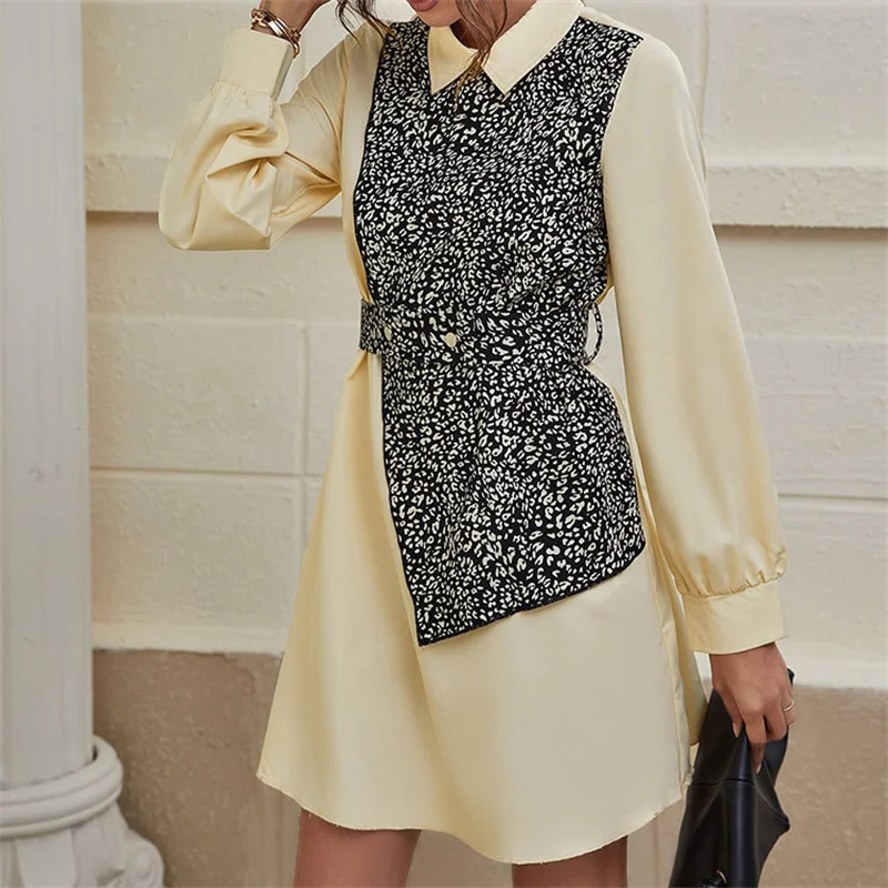 

Женское свободное лоскутное платье-трапеция, элегантное офисное платье-мини с отложным воротником, длинным рукавом и поясом, весна 2022