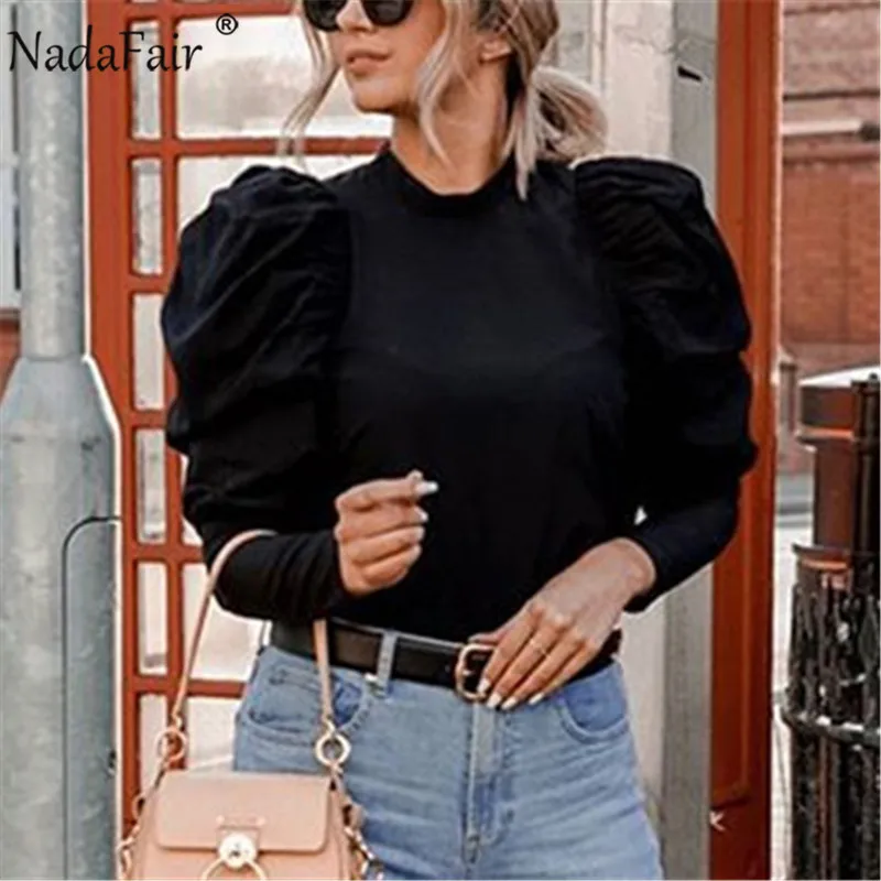 Nadafair/топы с пышными рукавами и круглым вырезом Повседневная трикотажная женская