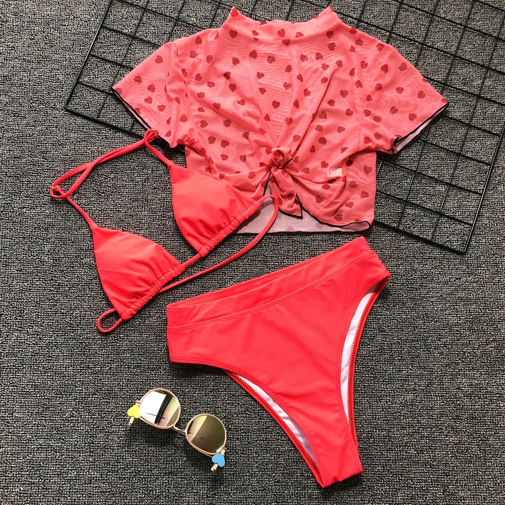 

3 Pieces High Waist Bikini 2020 Mesh Push Up Swimwear Women Bathing Suit Red Swimsuit Female Bathers Mesh Biquinis