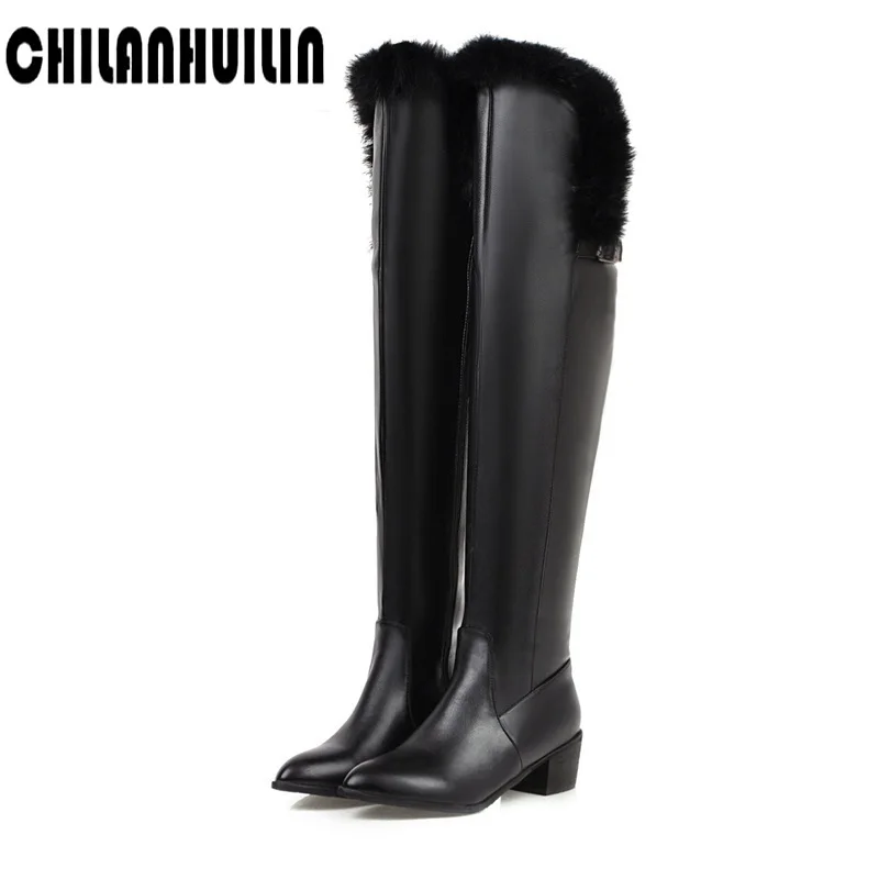 Женские сапоги выше колена из искусственной кожи на меху теплые длиной до бедра